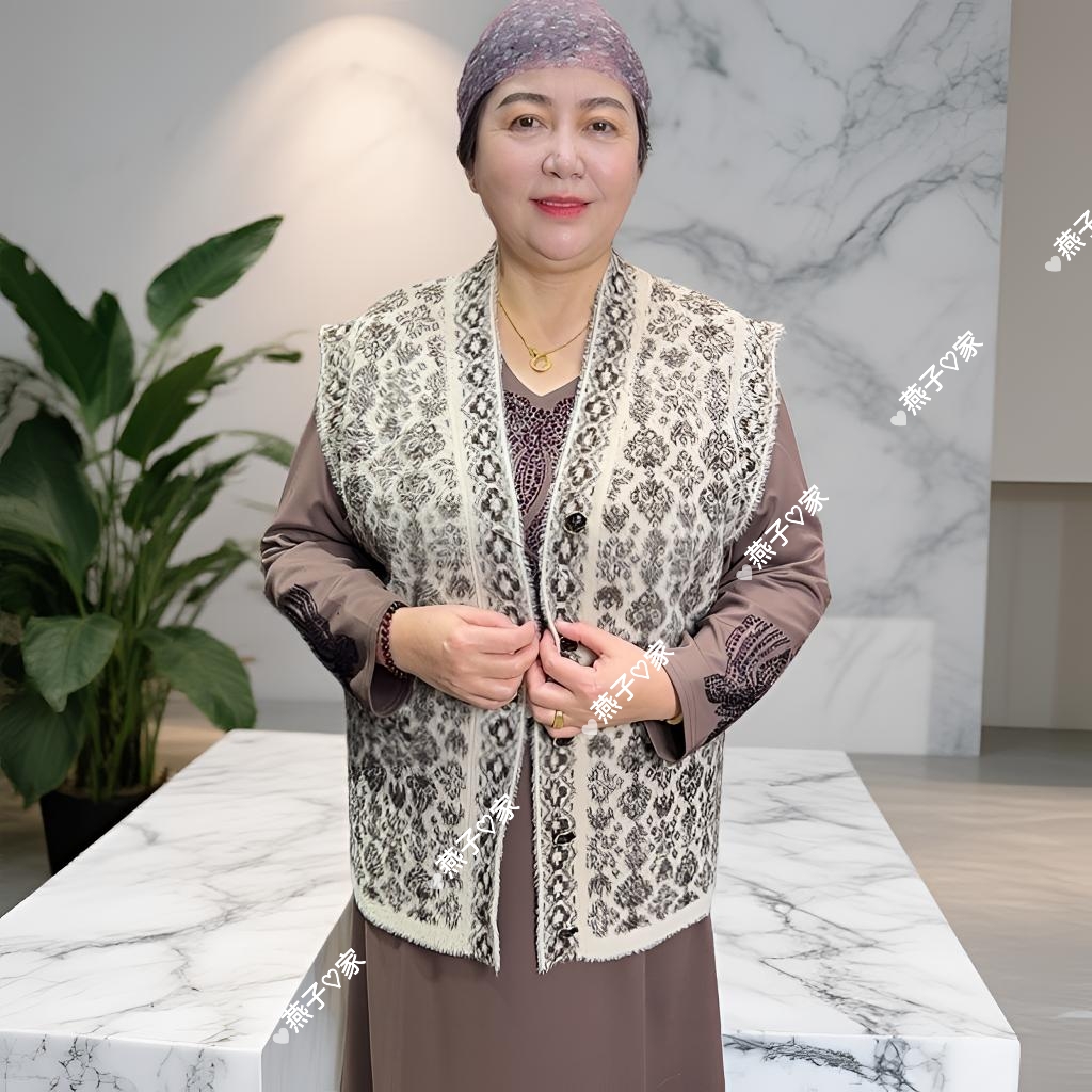 中老年妈妈冬季仿水貂民族风针织马甲加肥加大码保暖坎肩背心外套