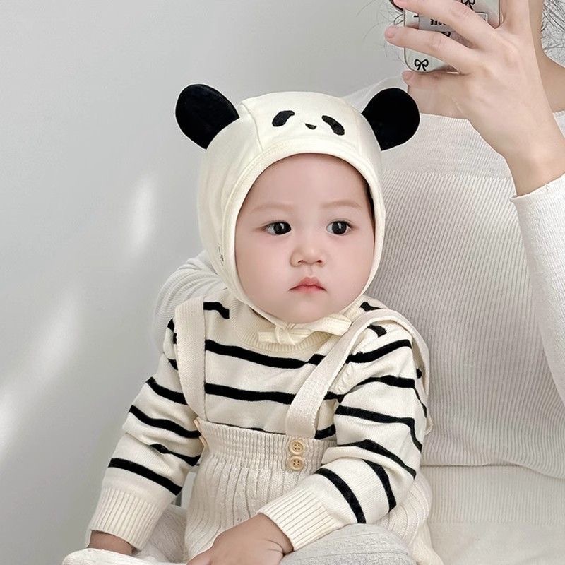ins卡通婴儿帽子秋冬季保暖防风护耳帽小月龄新生儿系带包头帽春