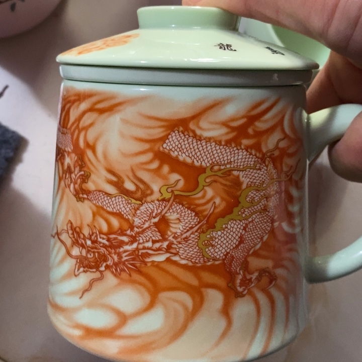 摆件陶绿稀土龙马精神办公杯 带茶漏