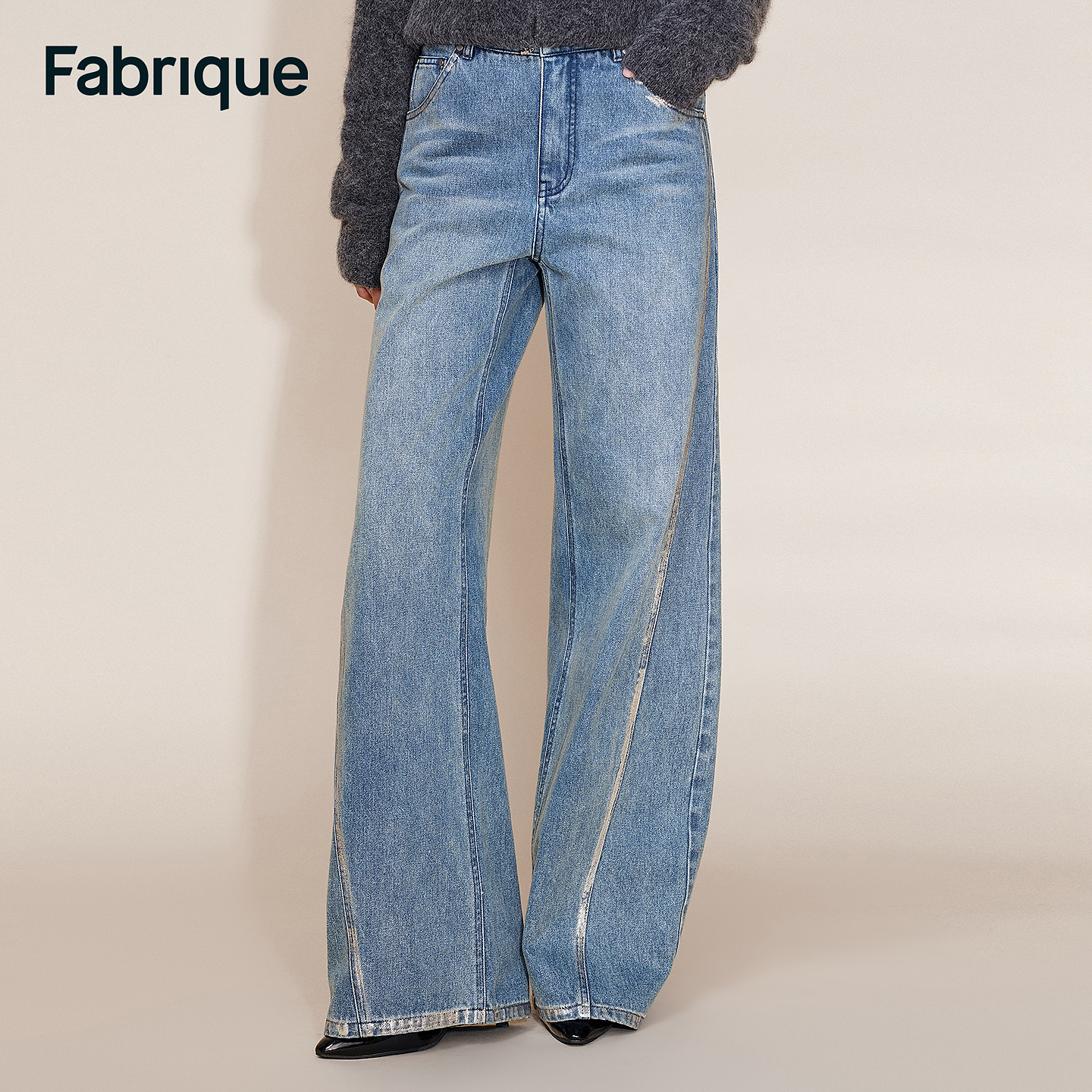 Fabrique Monroe 早春新品水洗浅蓝刷银刺绣薄款休闲阔腿牛仔裤