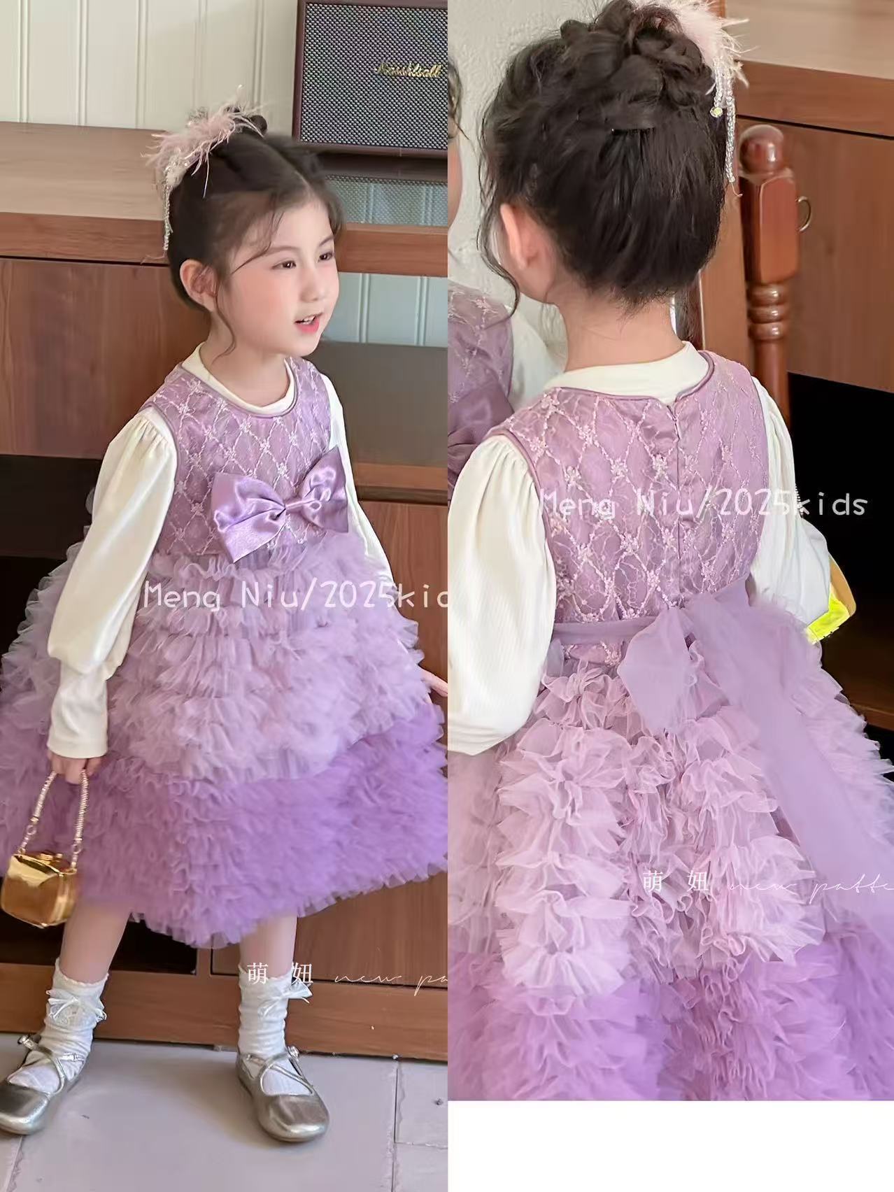 现货【紫萱】HZ001女童春春2025新款打底衫蝴蝶结裙子套装拜年服