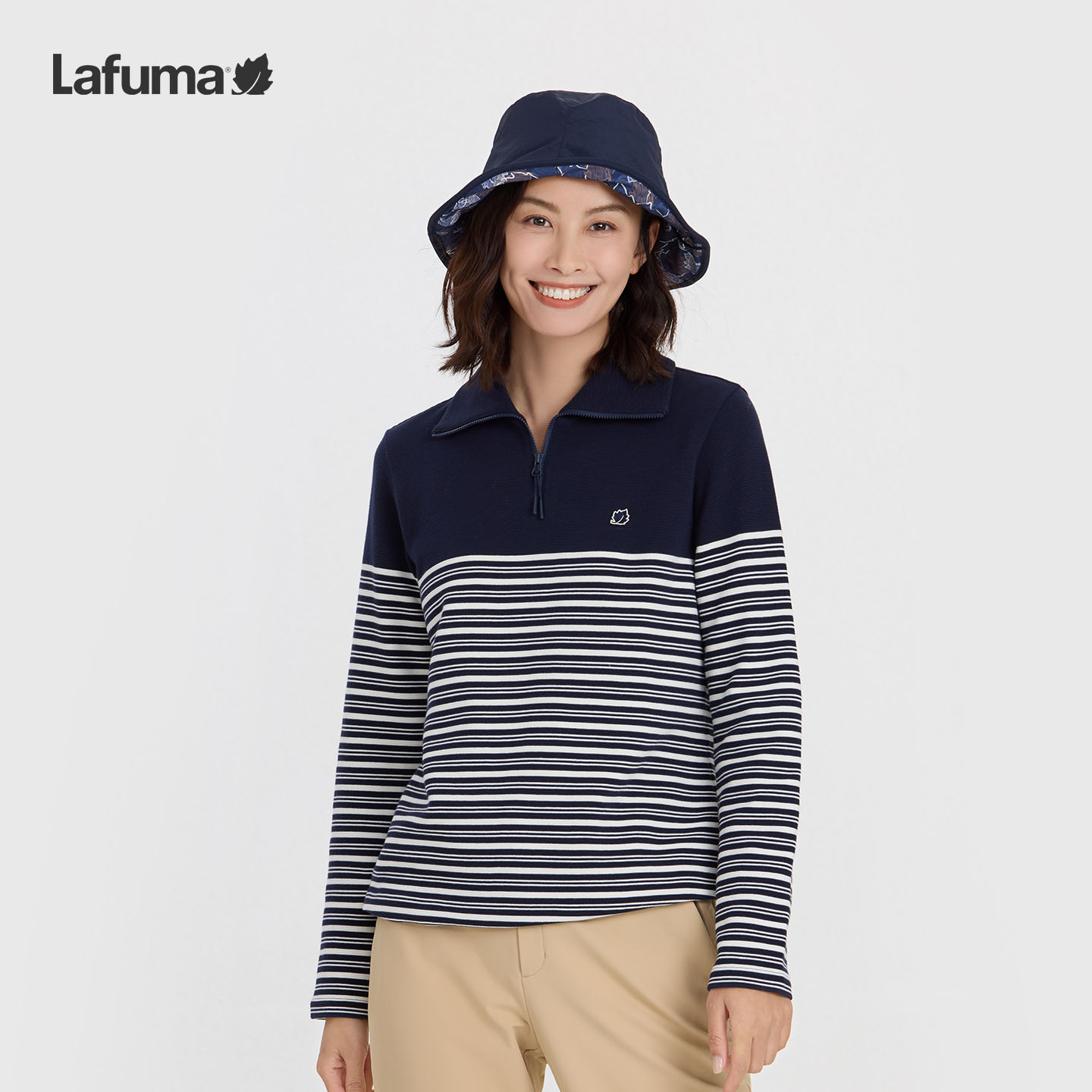 LAFUMA乐飞叶户外25秋冬半拉链翻领长袖T恤女条纹打底衫LFTS5CL87
