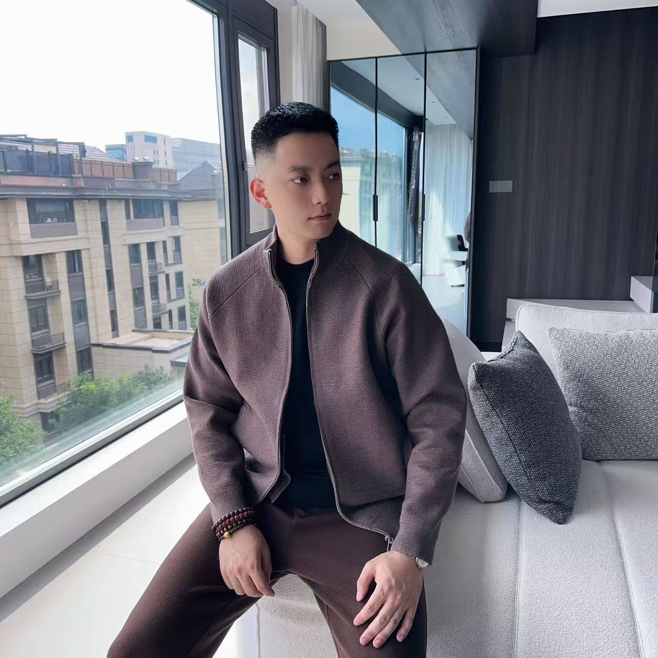 【高奢羊毛天丝】秋冬男士小立领重磅肌理感高端天丝羊毛混纺开衫