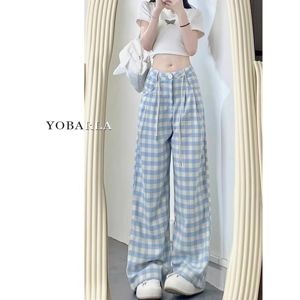 多巴胺蓝色休闲格子裤女夏季大码新款薄款直筒宽松阔腿拖地长裤子
