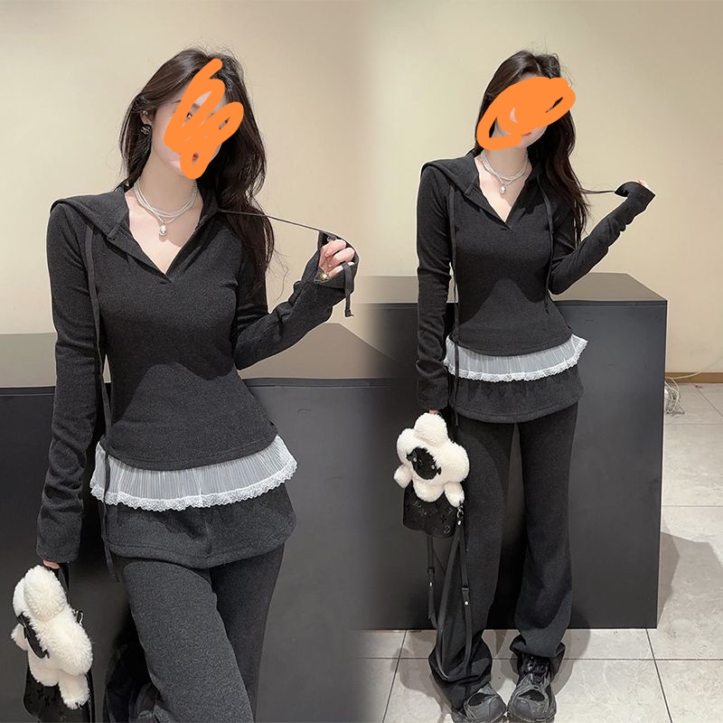 小香风休闲套装女2025独特洋气设连帽长袖T恤+屁帘卫裤两件套