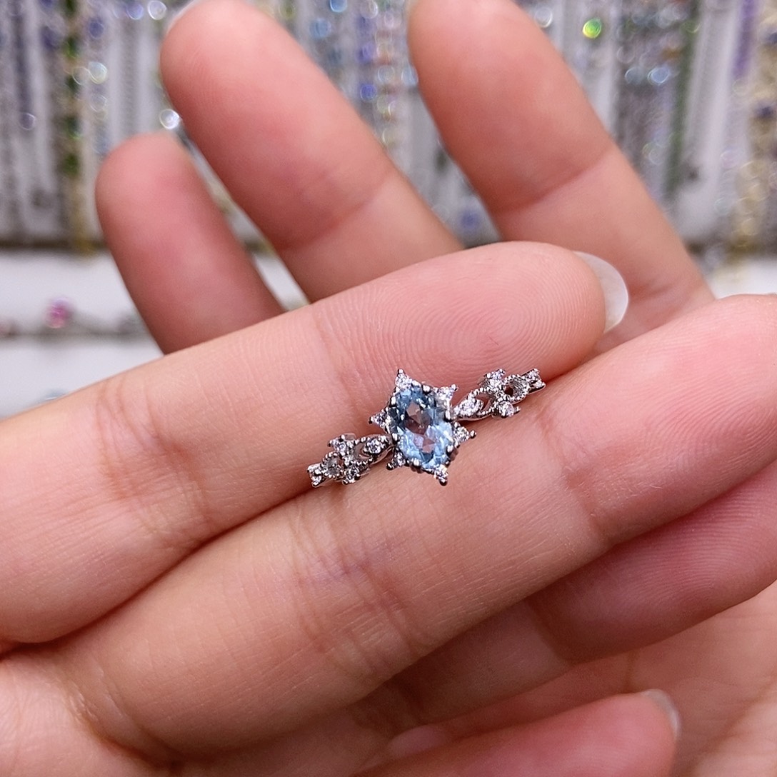 戒指海蓝宝石银S925镶嵌