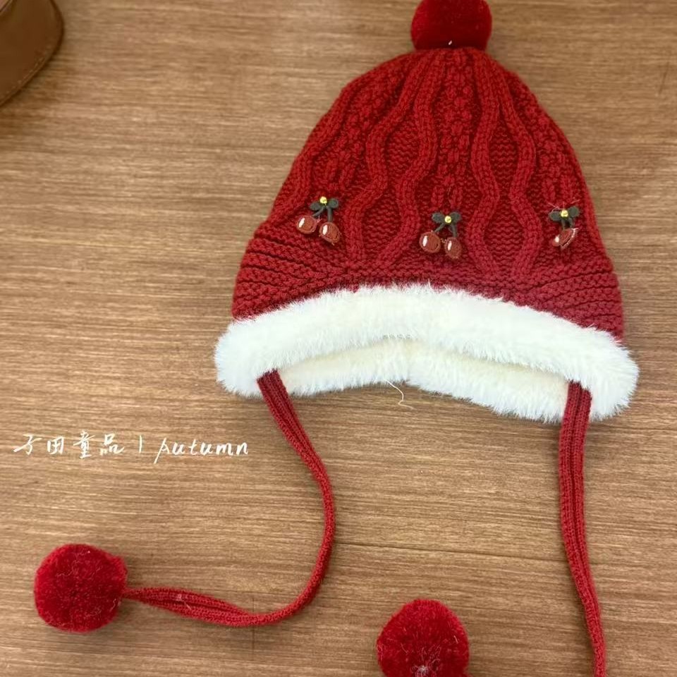 子田推荐-儿童红色可爱樱桃护耳帽