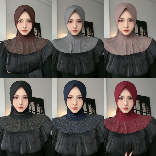 高品质水晶麻烫钻纽扣套头纱巾