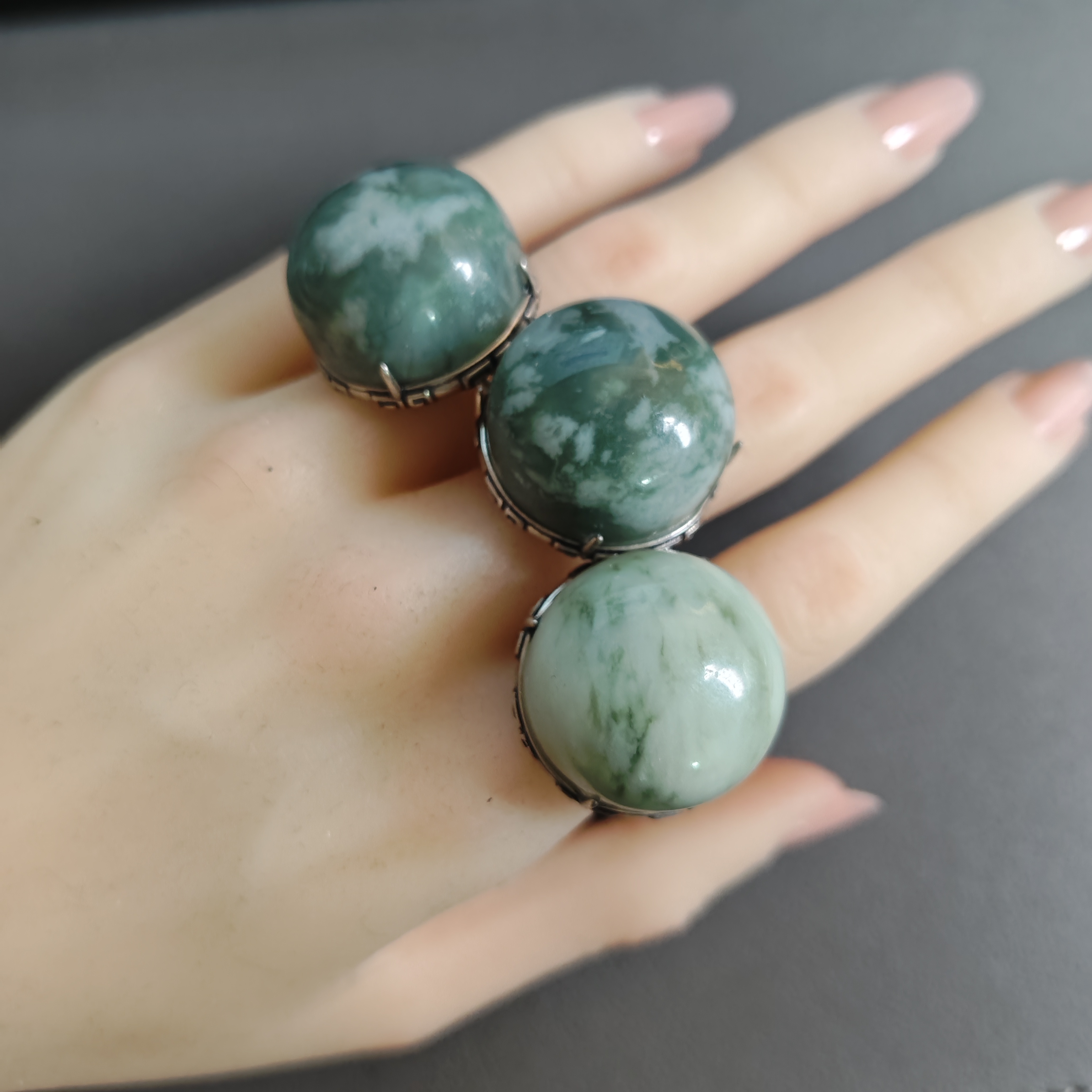 [00122]天然岫玉翠玉蛋面戒指s925银镶嵌开口戒多样性发其一（圆）