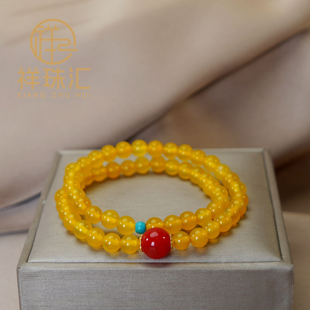 天然黄玛瑙双圈配南红顶珠手链 多样性发一 SL531