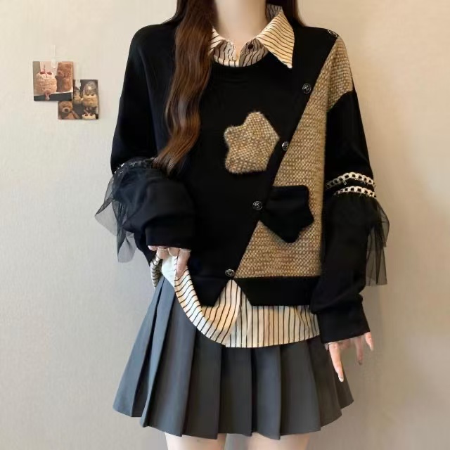 大码女装遮肚子小香风拼接条纹卫衣女秋冬胖mm洋气假两件显瘦上衣