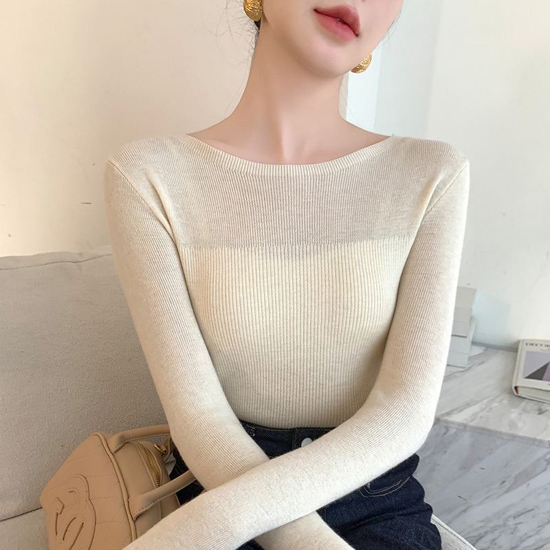 春秋法式轻柔裸感低圆领精纺羊毛针织衫女修身内搭打底衫