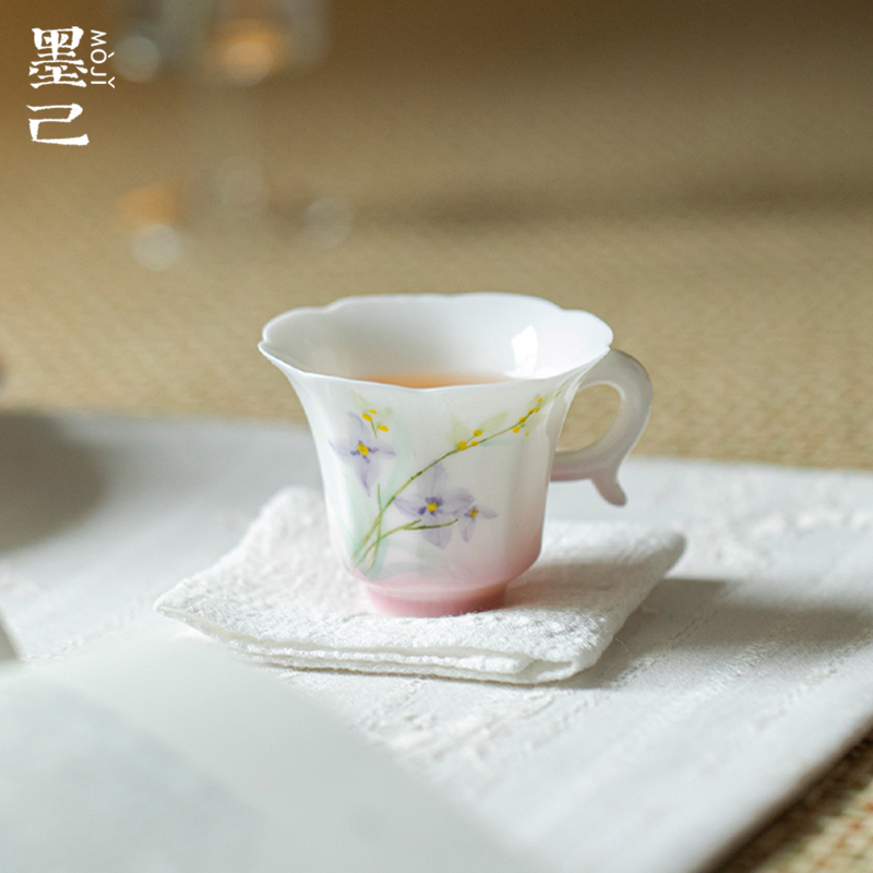 墨己玉泥绮色迷芳釉提耳花口茶杯手绘釉下彩杯子家用功夫茶具单杯