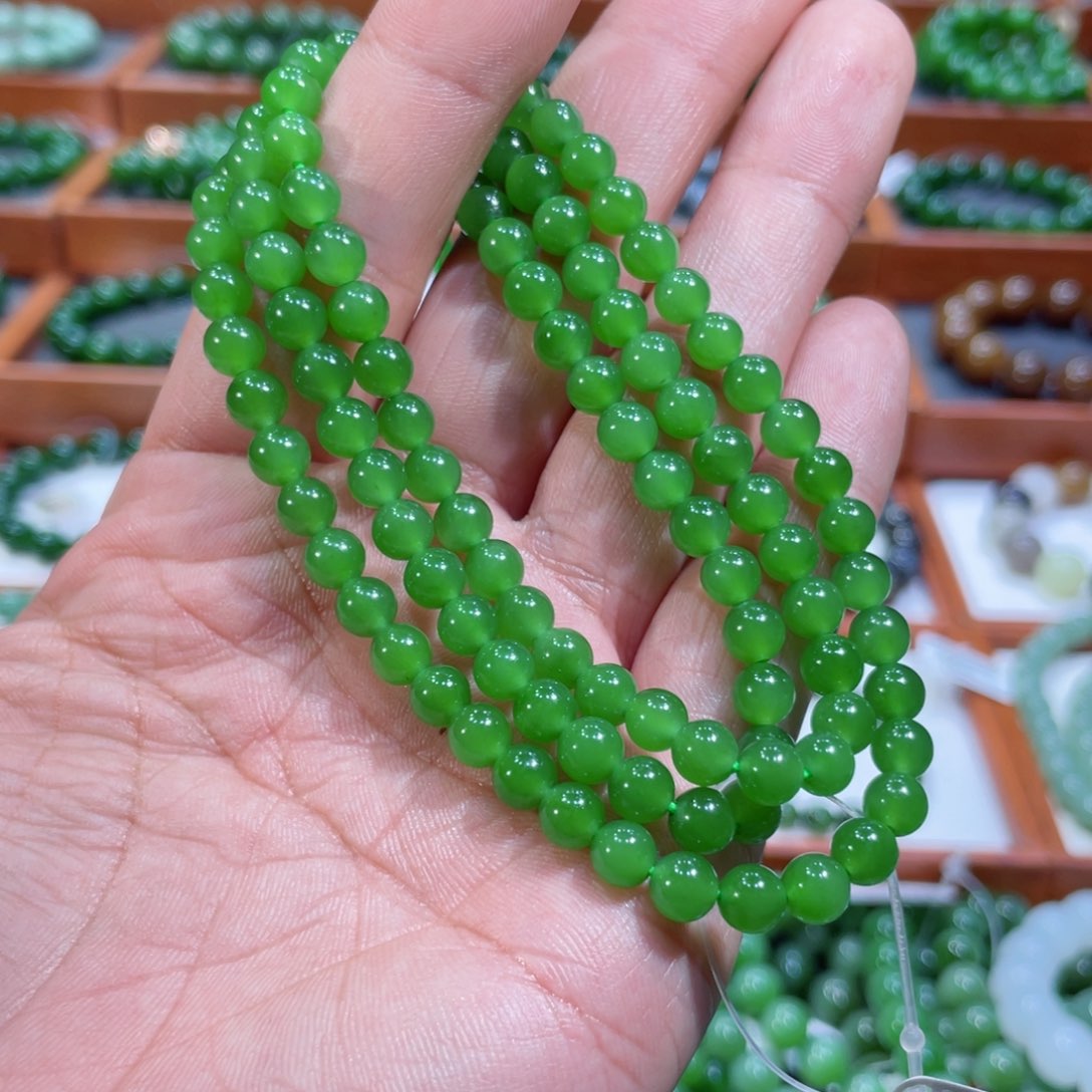 和田玉项链未镶嵌财****多果绿6mm珠108