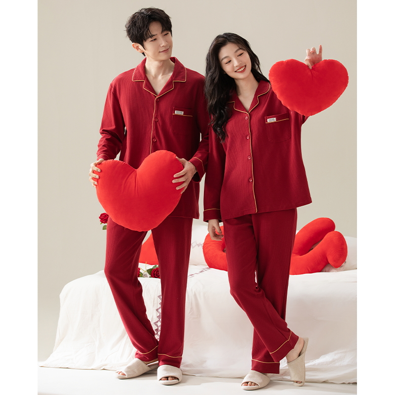 4600华夫格婚庆大红情侣款睡衣长袖长裤保暖家居服休闲秋冬套装