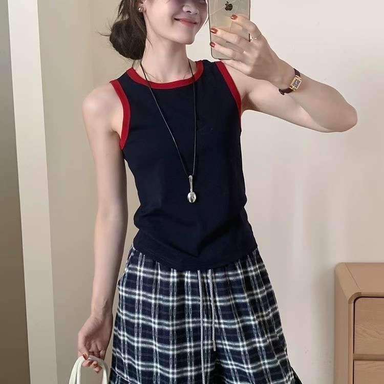纯棉短袖背心撞色拼接秋季新款森女风修身时尚