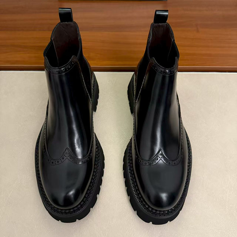 秋冬新款英伦男切尔西高帮真皮靴厚底亮面手工靴子圆头高帮皮靴男