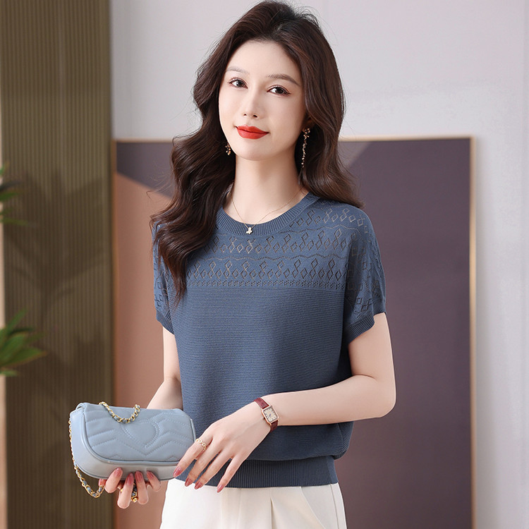 卡云姿 短袖t恤夏季女圆领蝙蝠袖上衣宽松显瘦天丝镂空针织衫薄
