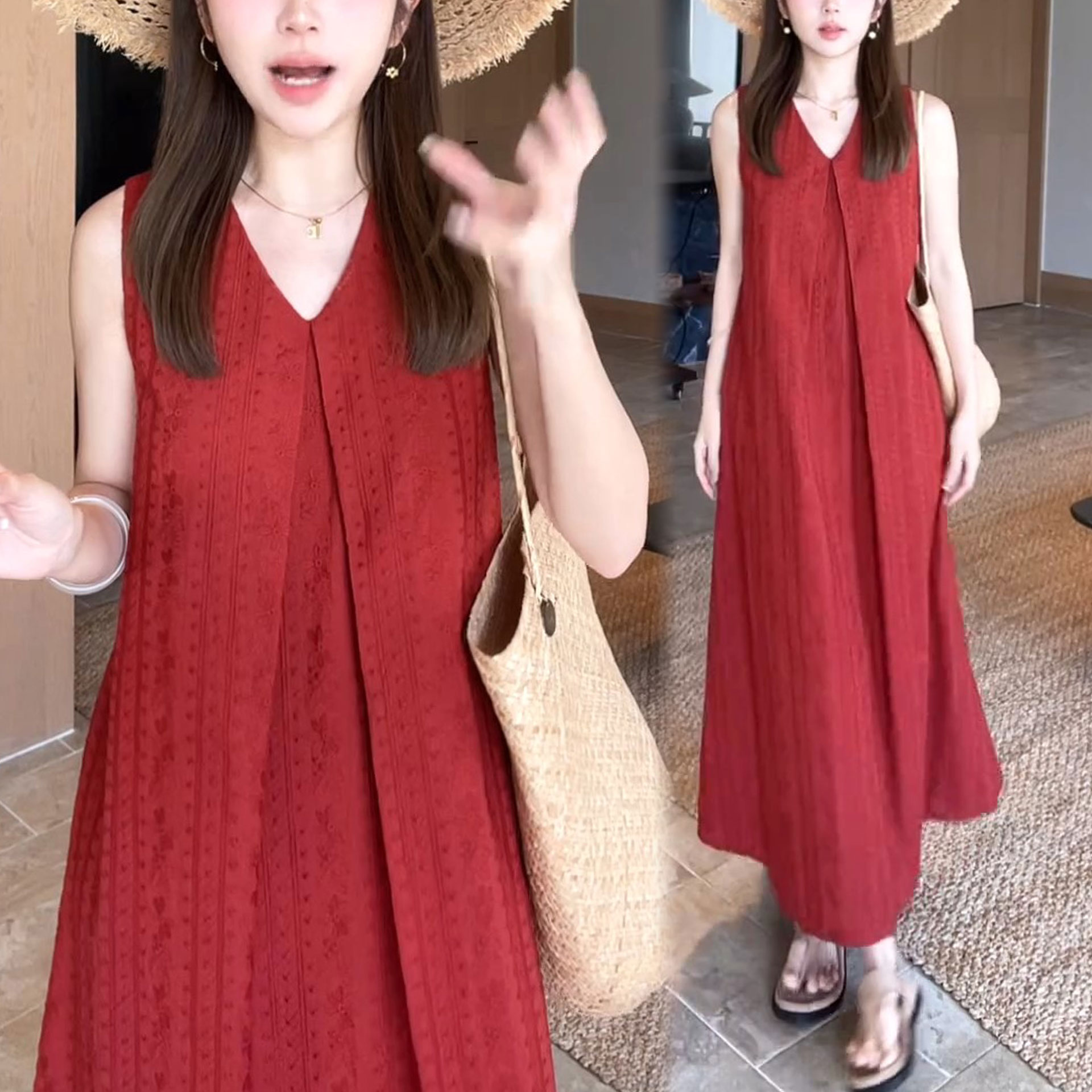 圆领减龄宽松显瘦短袖连衣裙夏季新品简约显白贵气纯色气质中长裙