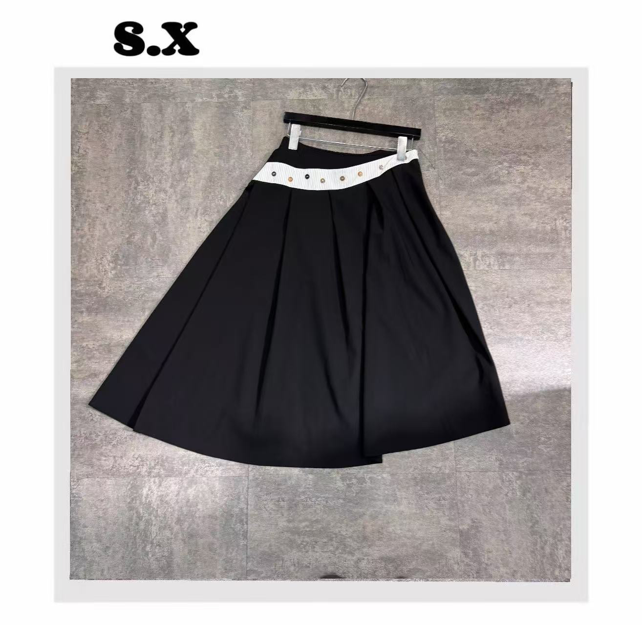 S.X 2025春夏新款百褶半身裙学院风复古设计通勤a字裙子