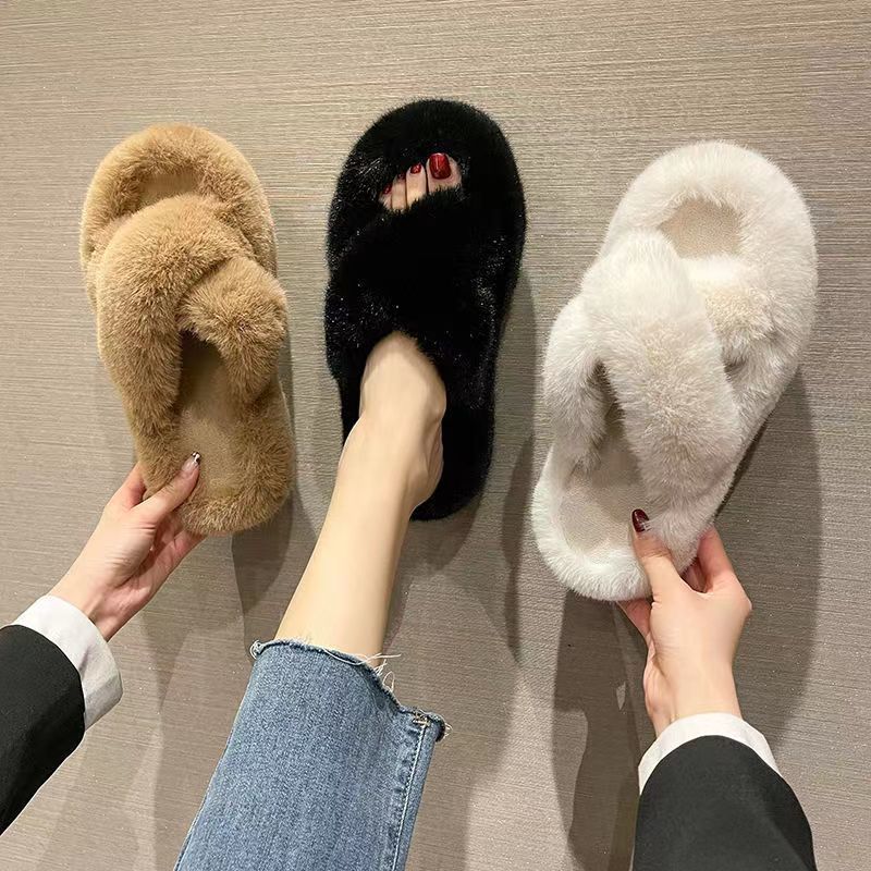 秋冬季网红时尚交叉拖鞋百搭外穿厚底软底棉拖鞋女款2025新款爆款