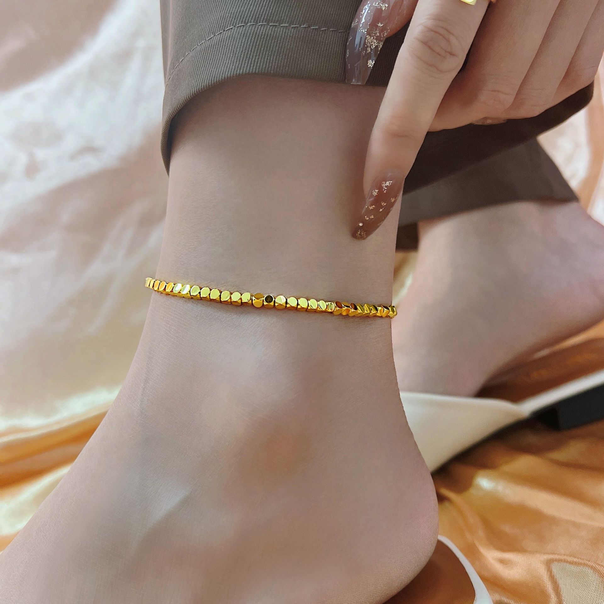 钛钢脚链 碎银几两脚链女蹦迪珠小方块脚链ins轻奢风高级感首饰品