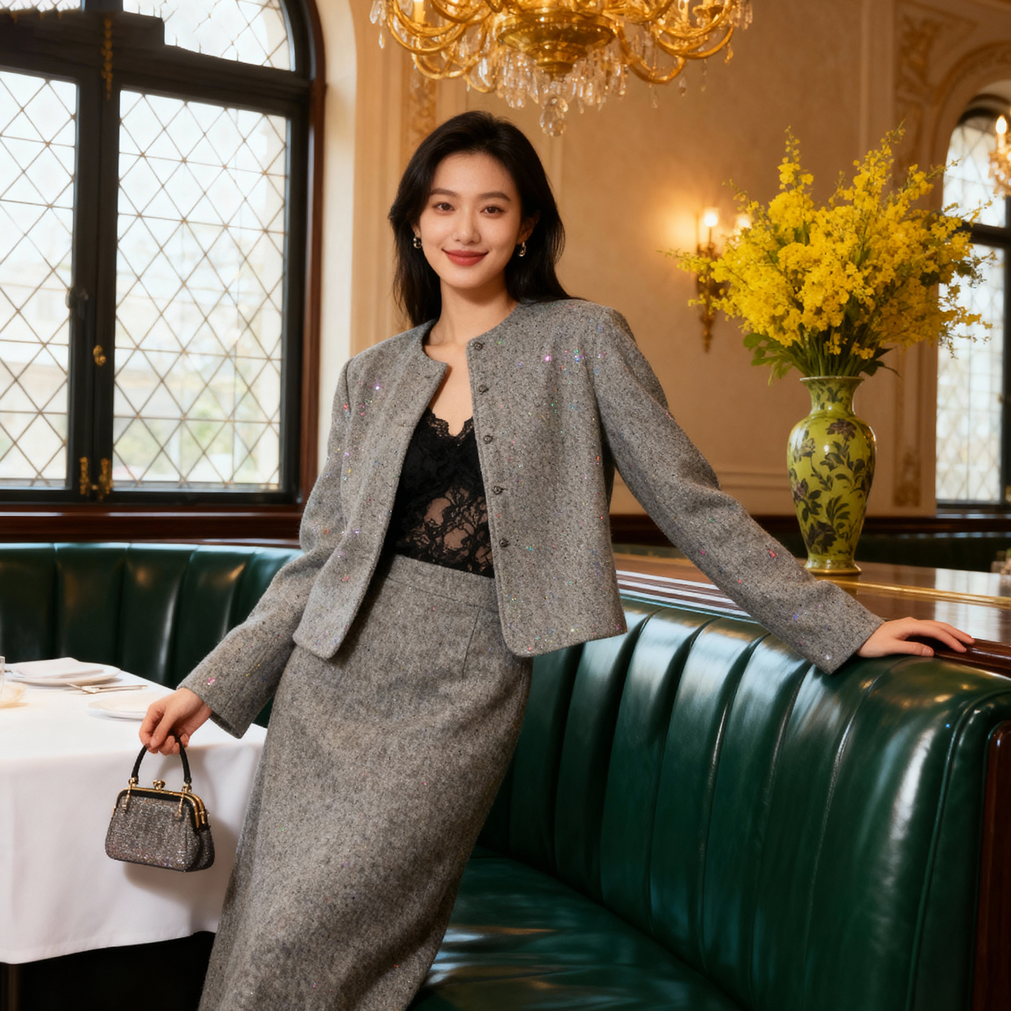 灰色高端羊毛新中式女士短外套秋冬新款时尚亮片国风短款毛呢大衣