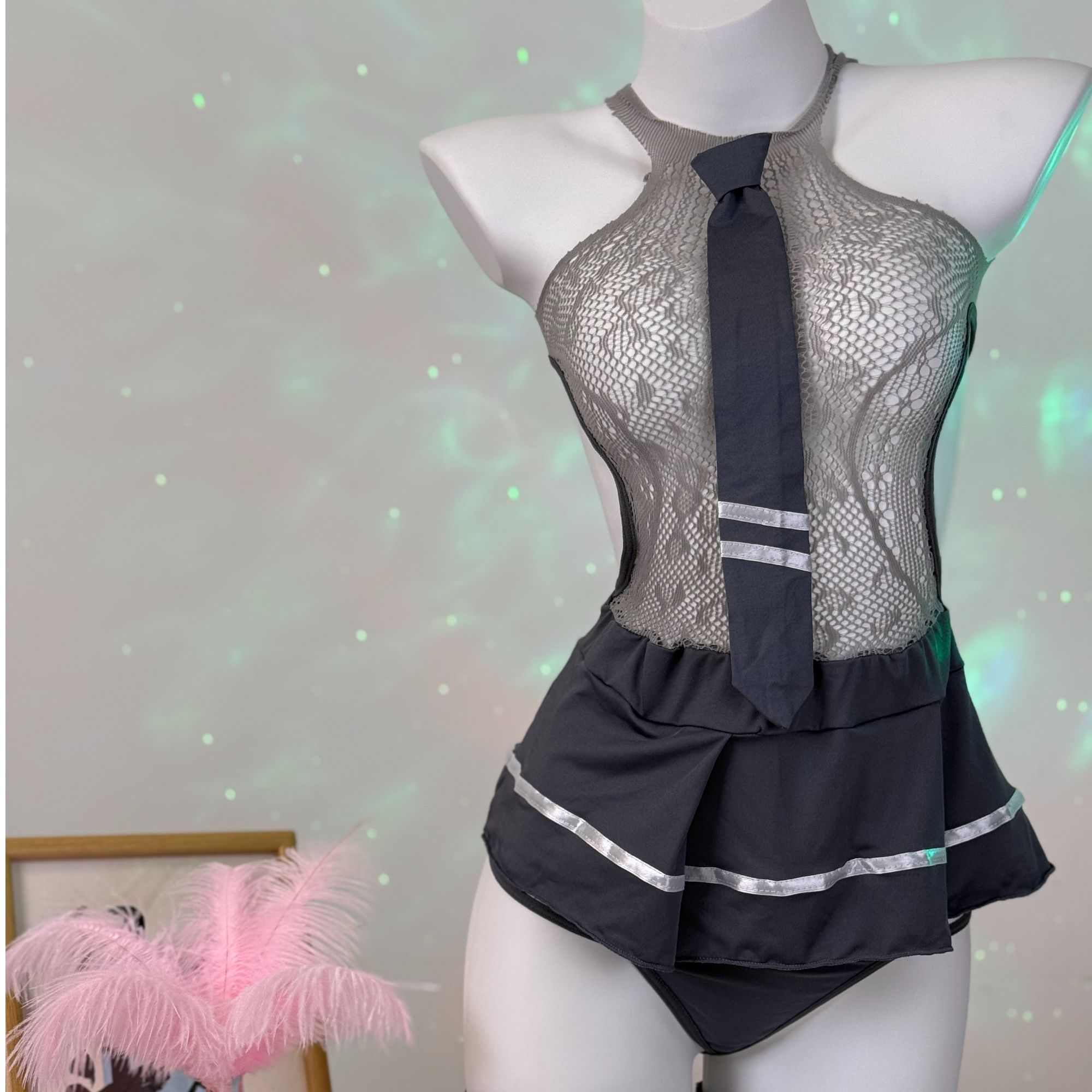 【拾色】网衣性感超短百褶裙纯欲丝袜一体纯欲辣妹睡裙女套装