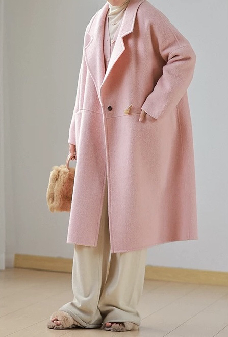 高级定制款定染夹花粉中长款牛角扣双面羊毛外套（面料微瑕）