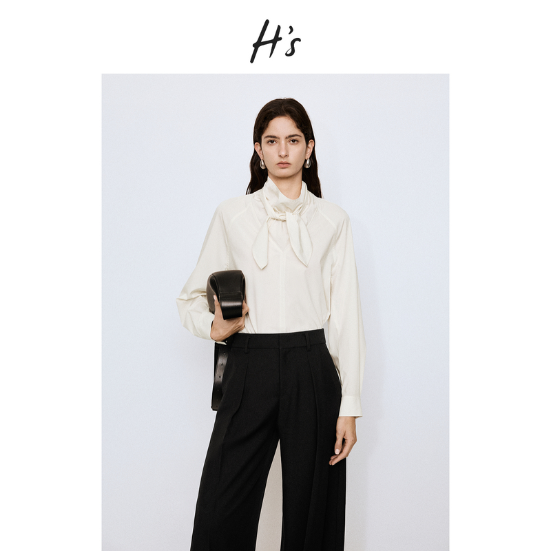 【秋上新】H'S荡领衬衫女25秋新款绑结H型气质廓形套头衫衬衣小衫