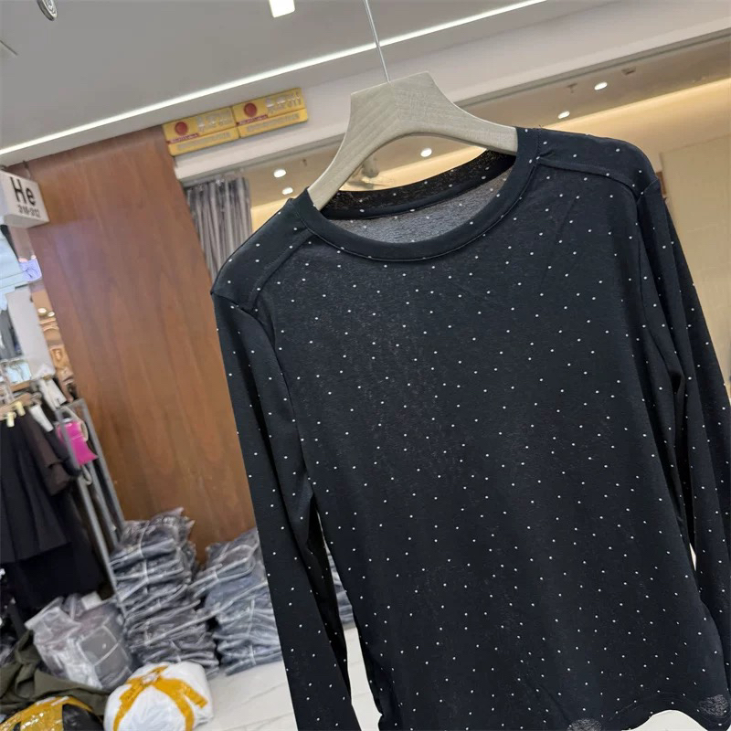 长袖3D圆领烫钻天丝宽松打底T恤时尚秋季秋冬黑色针织