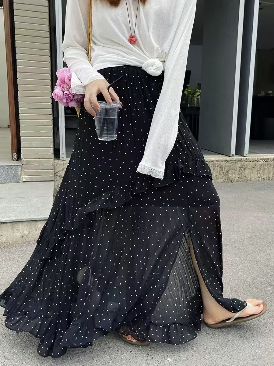 红色波点不规则开叉花边裙摆夏季高腰显瘦半身长裙女