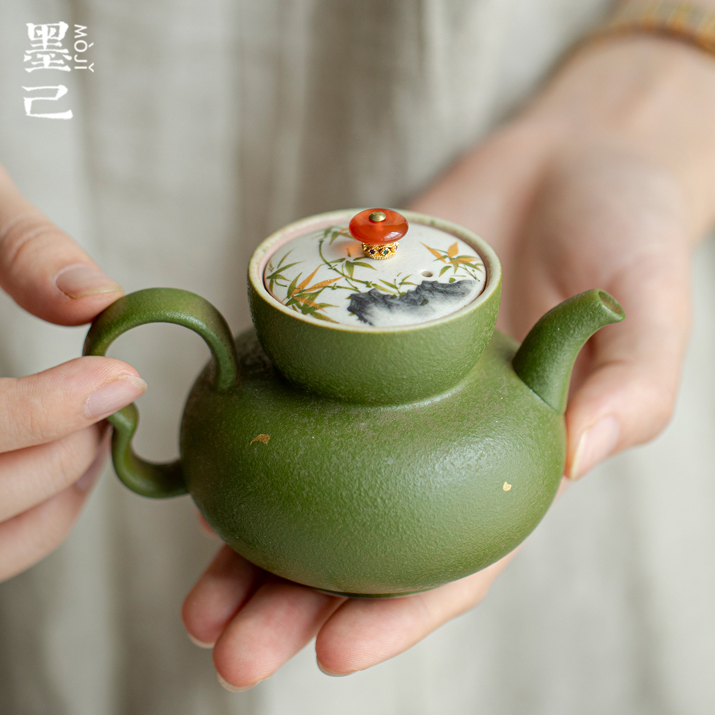 墨己小青柑手绘金竹仿古陶瓷茶壶功夫茶具家用球孔过滤手执泡茶壶