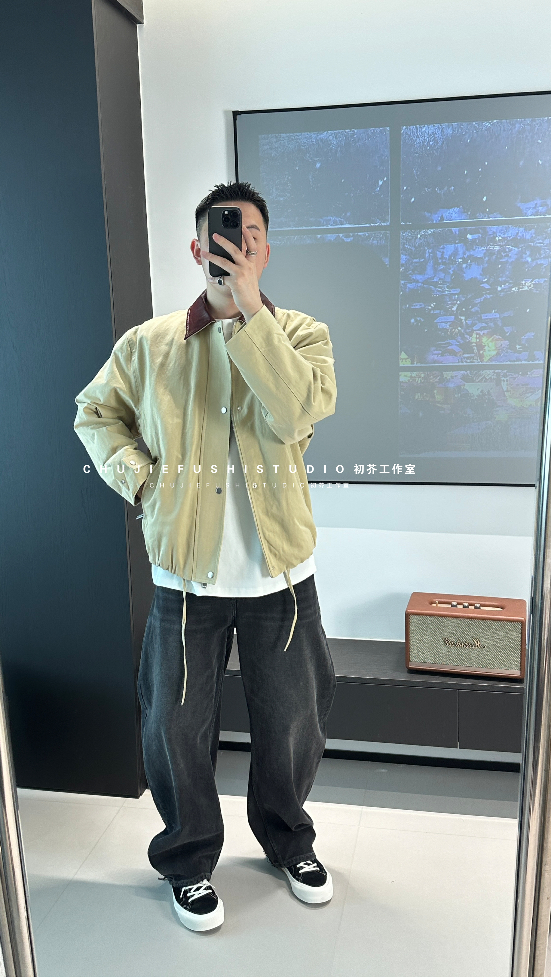 CHUJIE韩版宽松小众时尚领口拼接pu皮翻领外套