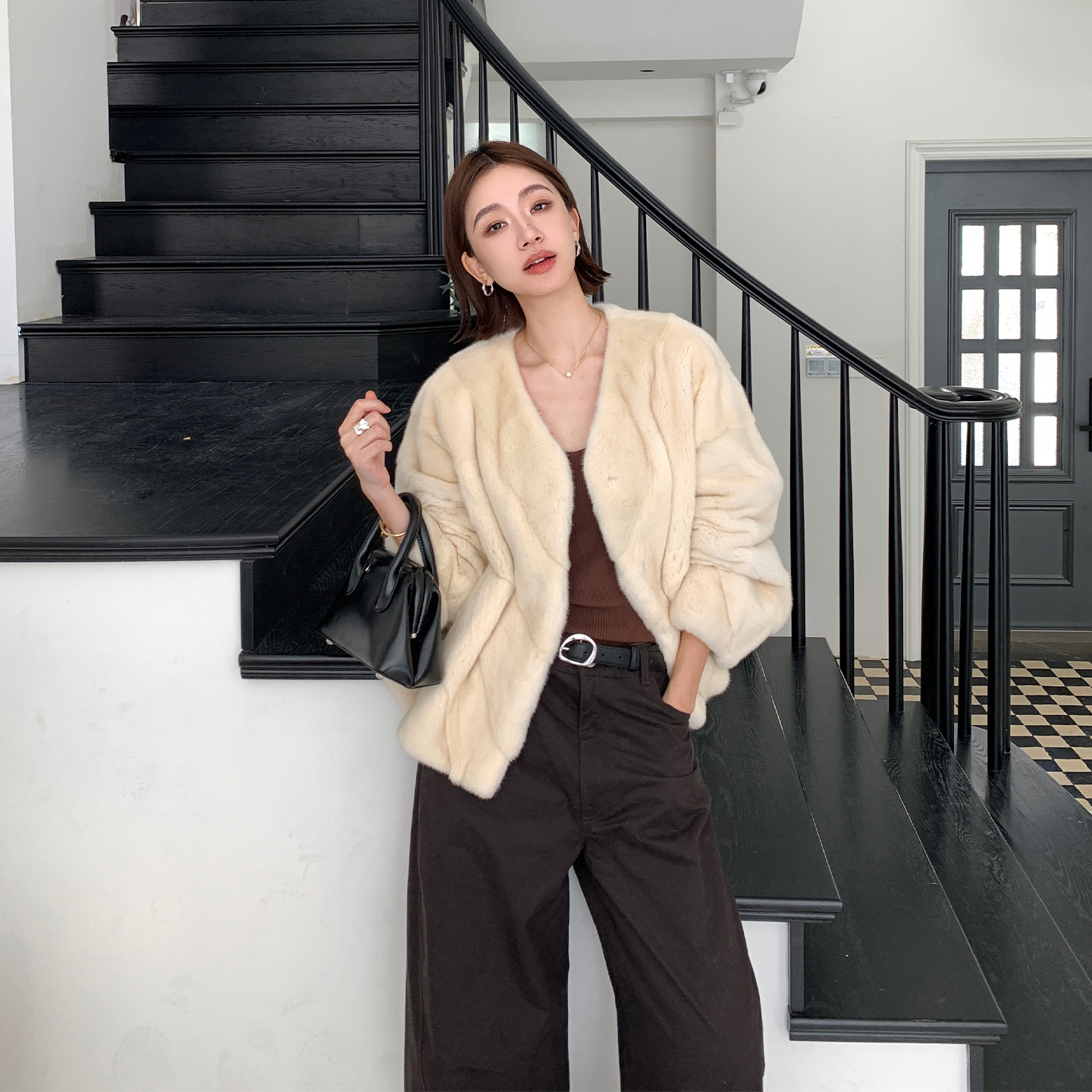 淇淇家「奶糖情意」进口天鹅绒整貂小母貂斜排水貂皮草时尚女外套