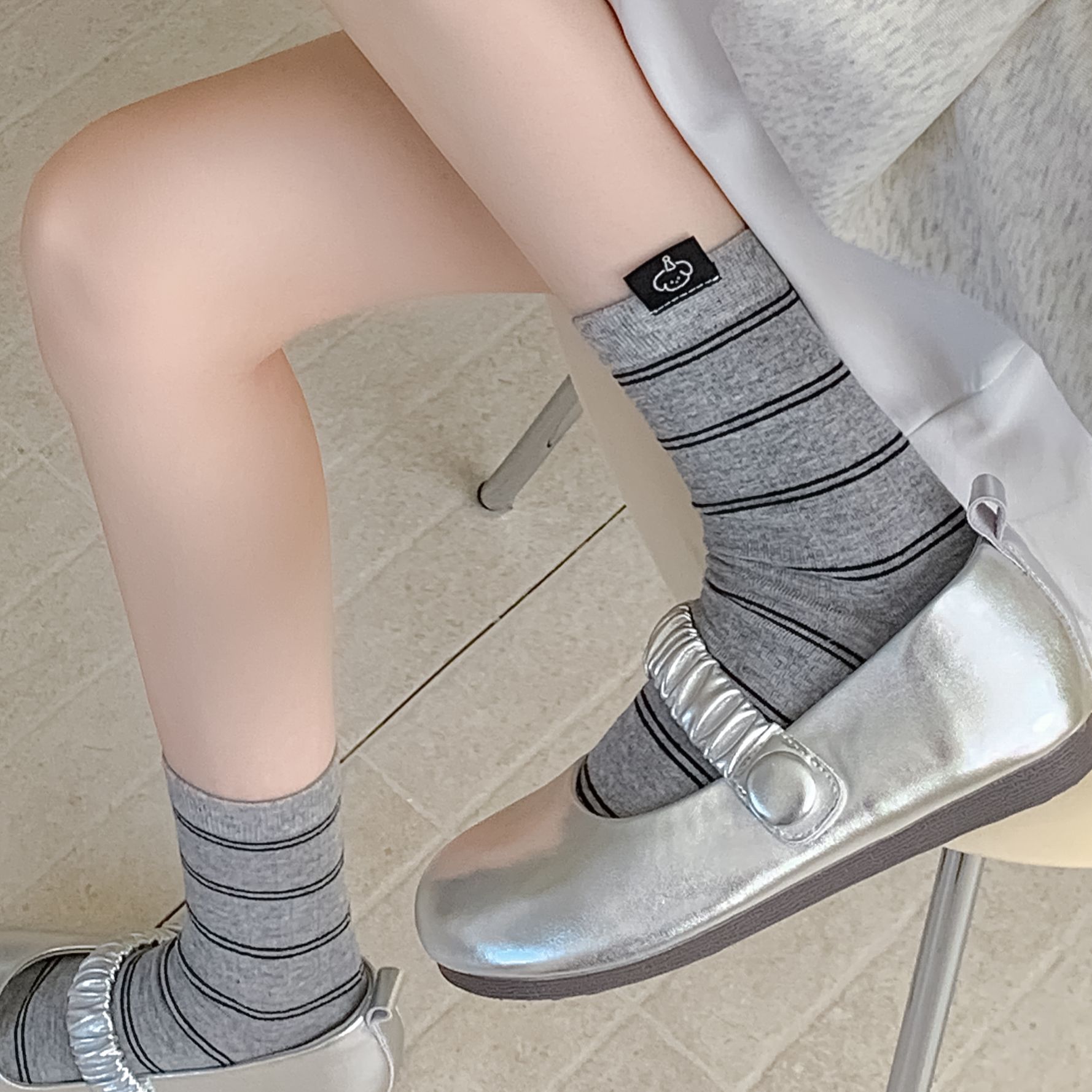 小狗袜子女款春夏透气2025新款中筒袜布标条纹ins潮堆堆长筒袜夏