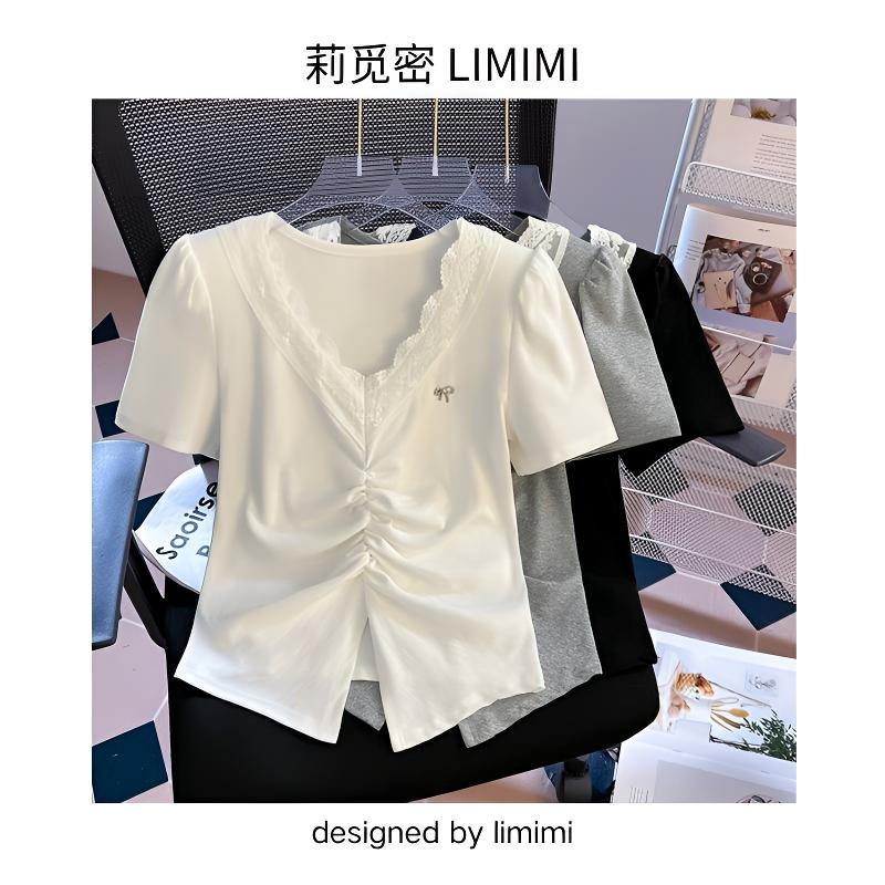 时尚百搭简约蕾丝拼接宽松V领T恤女褶皱上衣气质不规则小众设计感