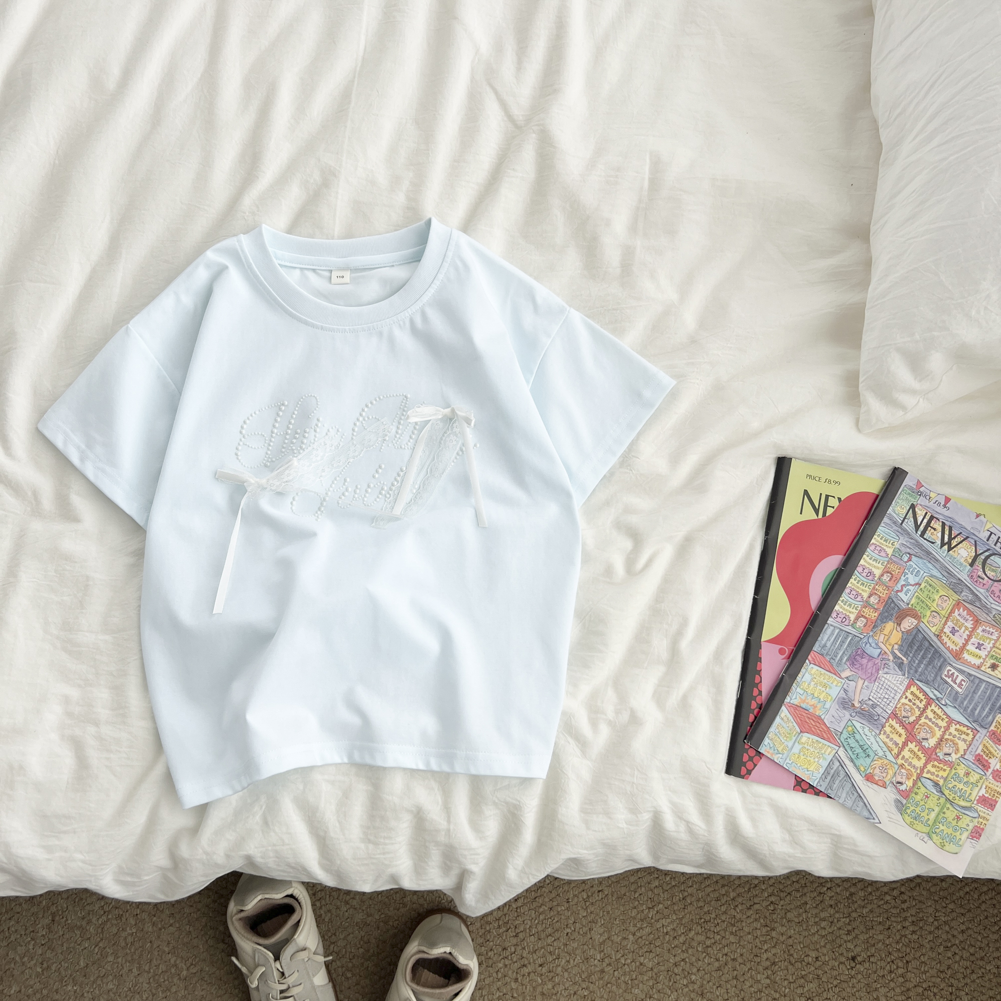 （现货）女童夏季钉珠蕾丝短袖t恤韩版女孩圆领上衣薄款XXYXW52557