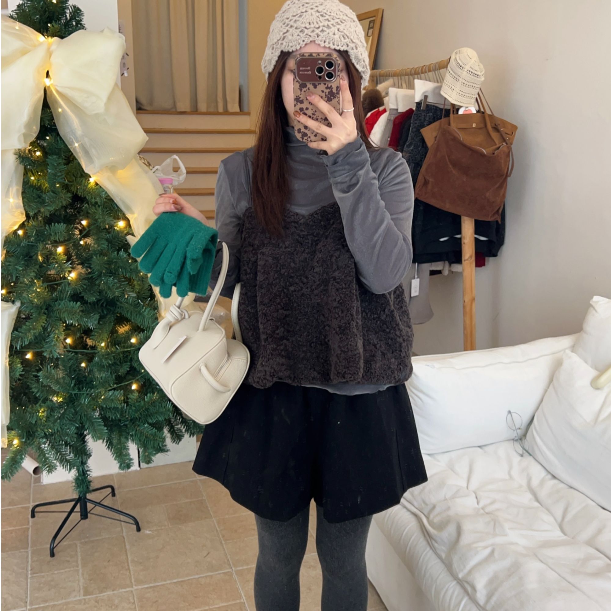 【zzrose娇俏黑毛呢短裤 】韩版秋冬季纯色短裤松紧腰宽松百搭