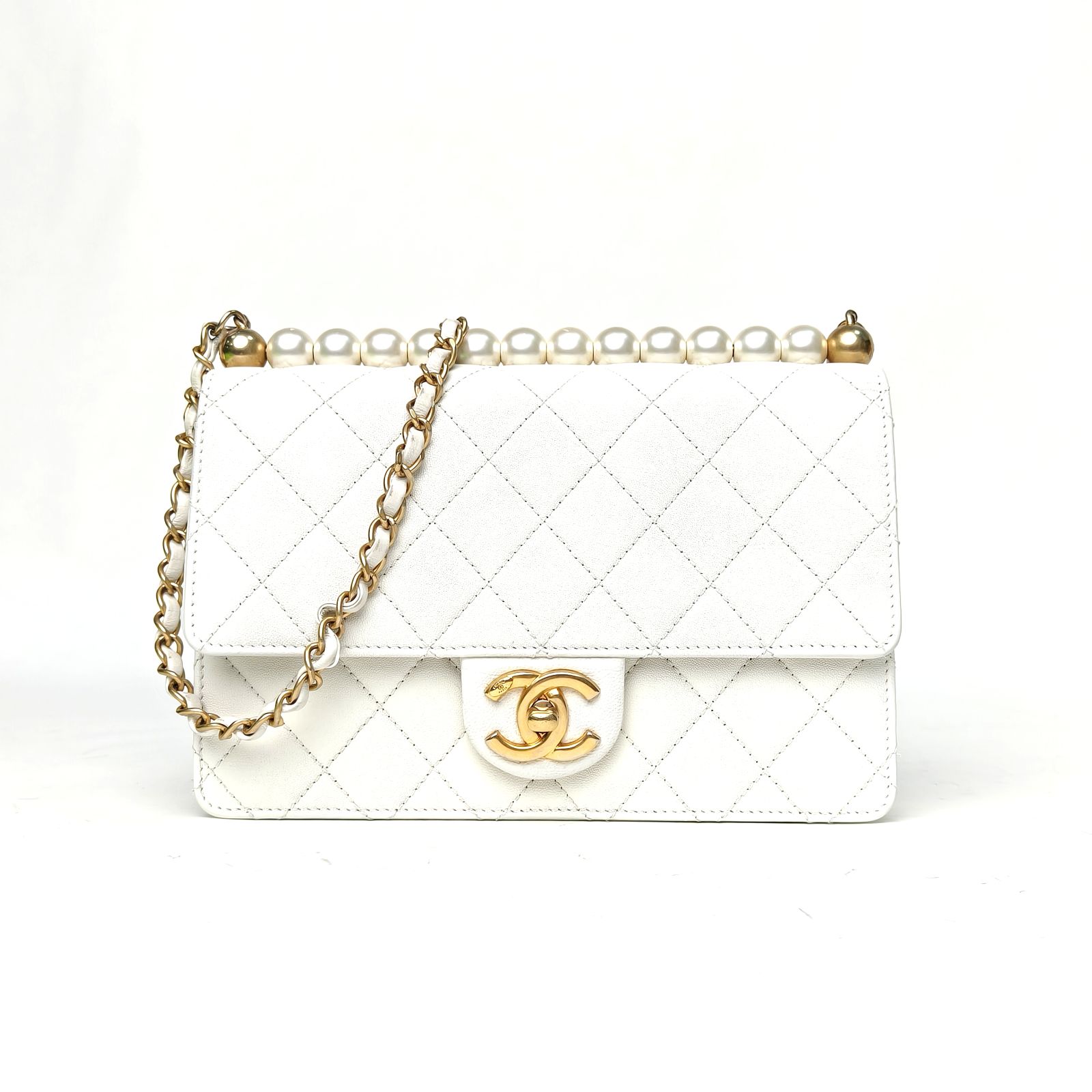 95新 Chanel/香奈儿 【双双】19SS CF 口盖包21白色28开珍珠装饰