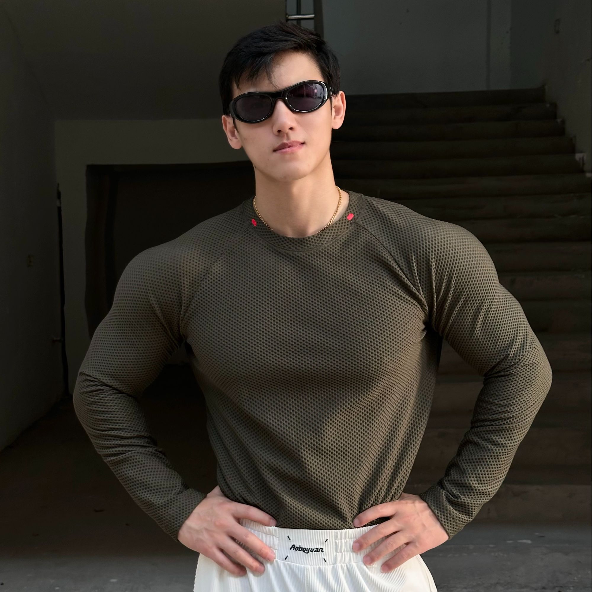 AOBOYUAN 无缝提花高弹泡泡布运动长袖插肩袖透气秋季T恤上衣圆领