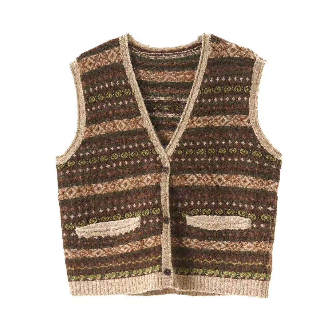 左岸迷香·贞琦坊  针织马甲：Z25FW7123 休闲复古条纹马夹