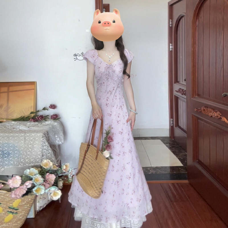 法式温柔风紫色碎花连衣裙子女夏气质收腰长裙3205
