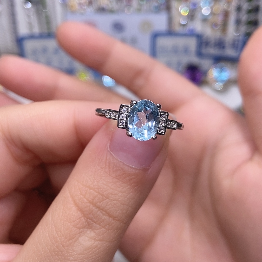 戒指海蓝宝石银S925镶嵌