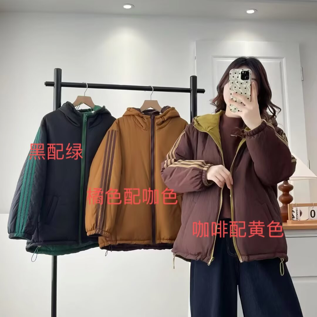 大码女装双面穿撞色棉衣时尚保暖宽松冬季外套