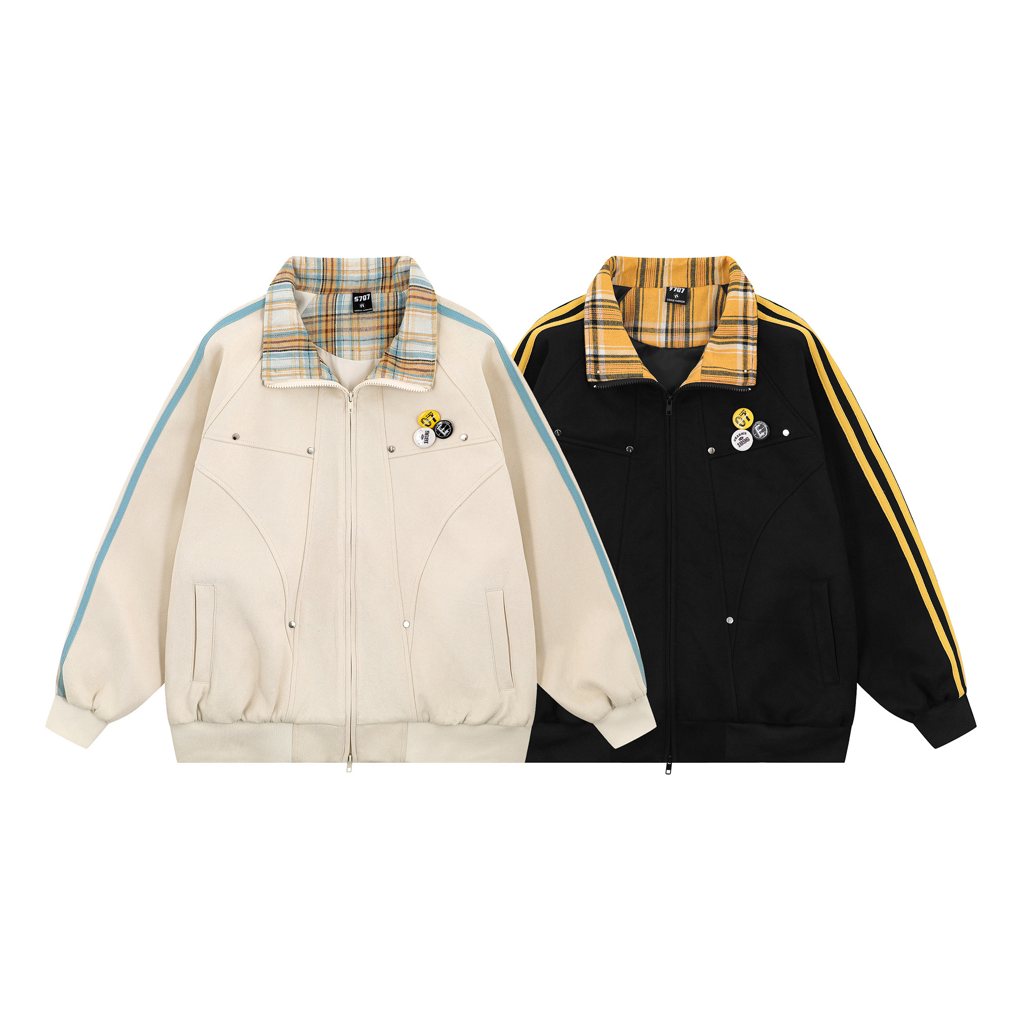 番茄园  徽章别针 格子翻领拼接设计款麂皮棒球服#7739