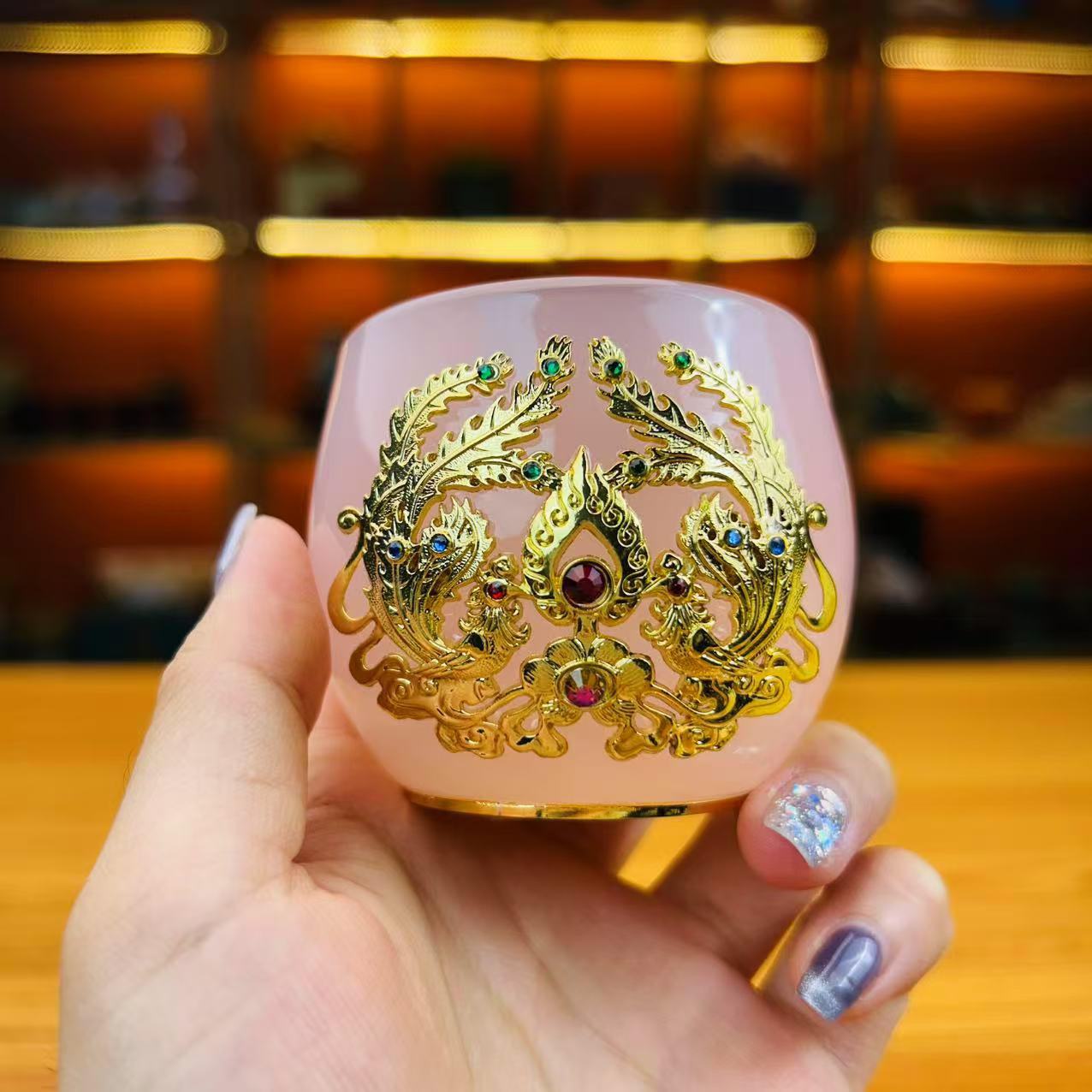 官方正品/金《镶玉·凤求凰》粉黛琉璃功德杯/80毫升/赠送礼品袋