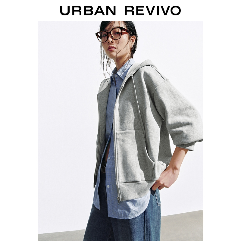 UR2025秋季新款女装休闲拼接格纹连帽抽绳宽松外套UYL150143