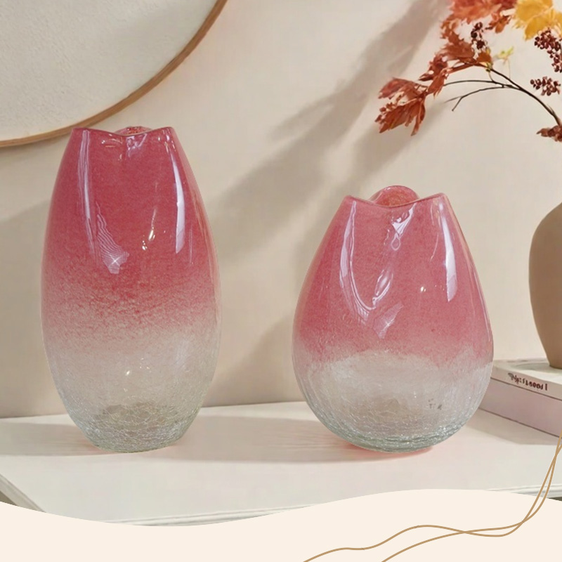 现代轻奢玻璃花瓶渐变粉色冰裂花瓶家居客厅摆件