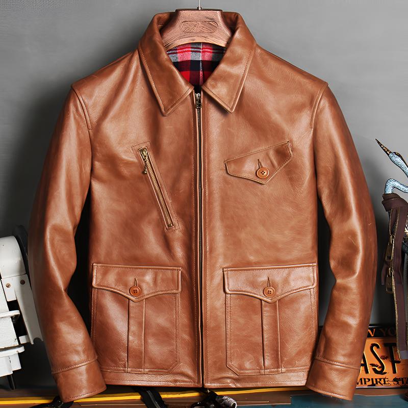 做旧标准男纯色加厚油蜡真皮皮衣潮流水洗经典